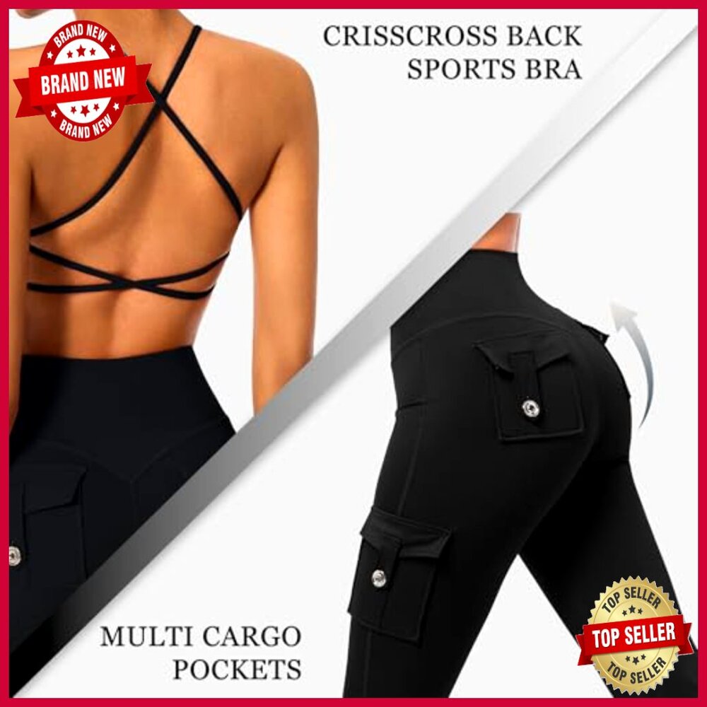 High Waisted Flare Leggings with Pockets and Sports Bra Workout Set - Picture 2 of 7